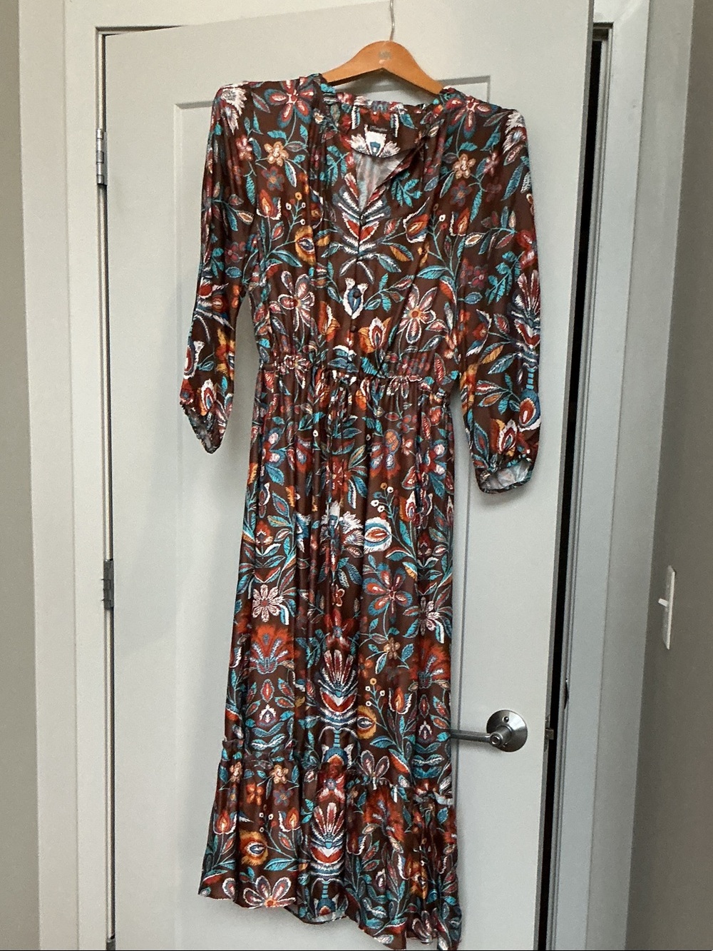 Brown Floral Maxi Dress with Teal Accents - Women's Long Sleeve